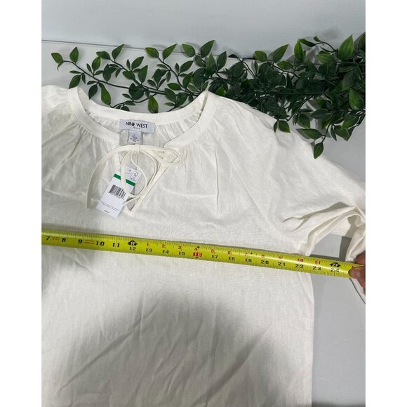 Nine West White Linen Blend Peasant Blouse With Elastic Cuffs & Tie Neck Size L - Picture 10 of 13